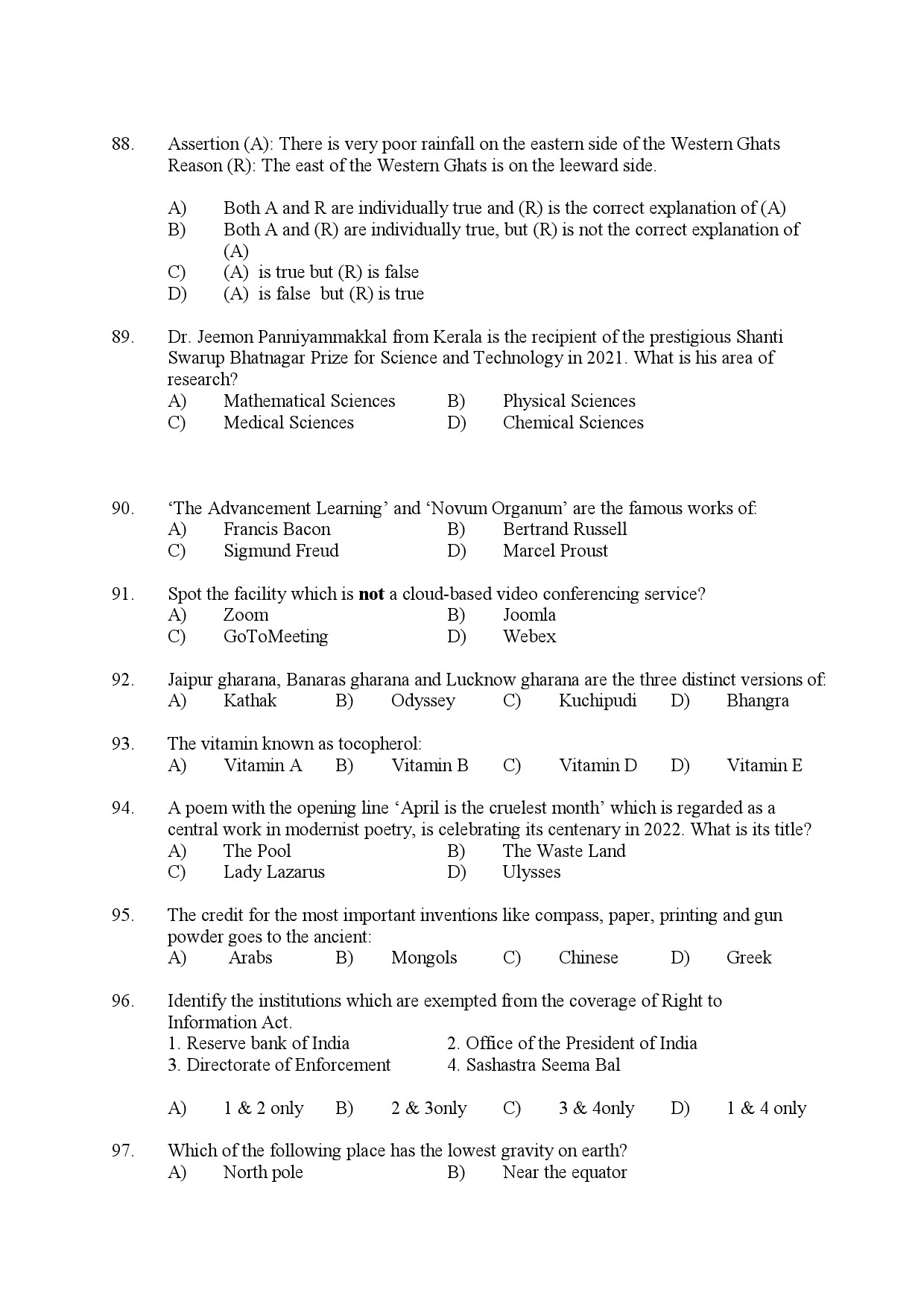 Kerala SET General Knowledge Exam Question Paper July 2022 11