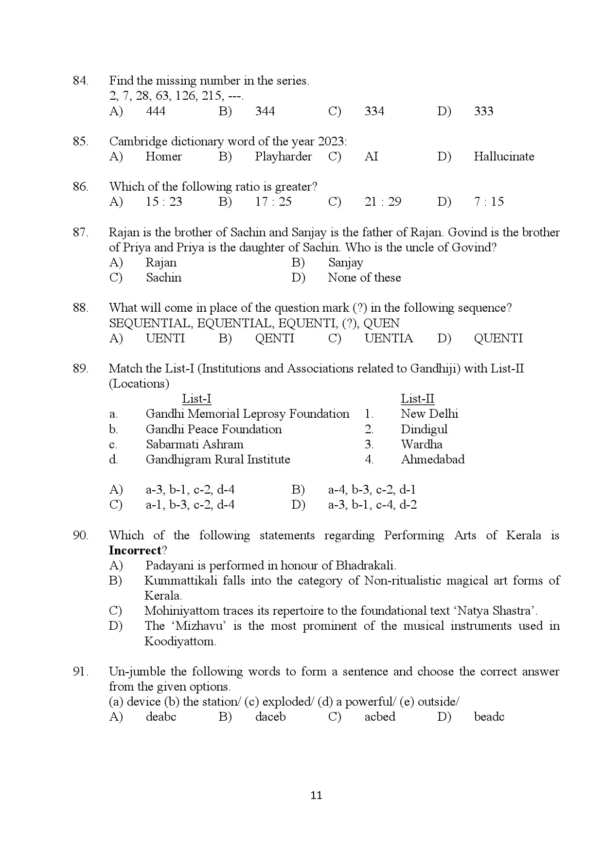 Kerala SET General Paper Exam Question Paper January 2024 11