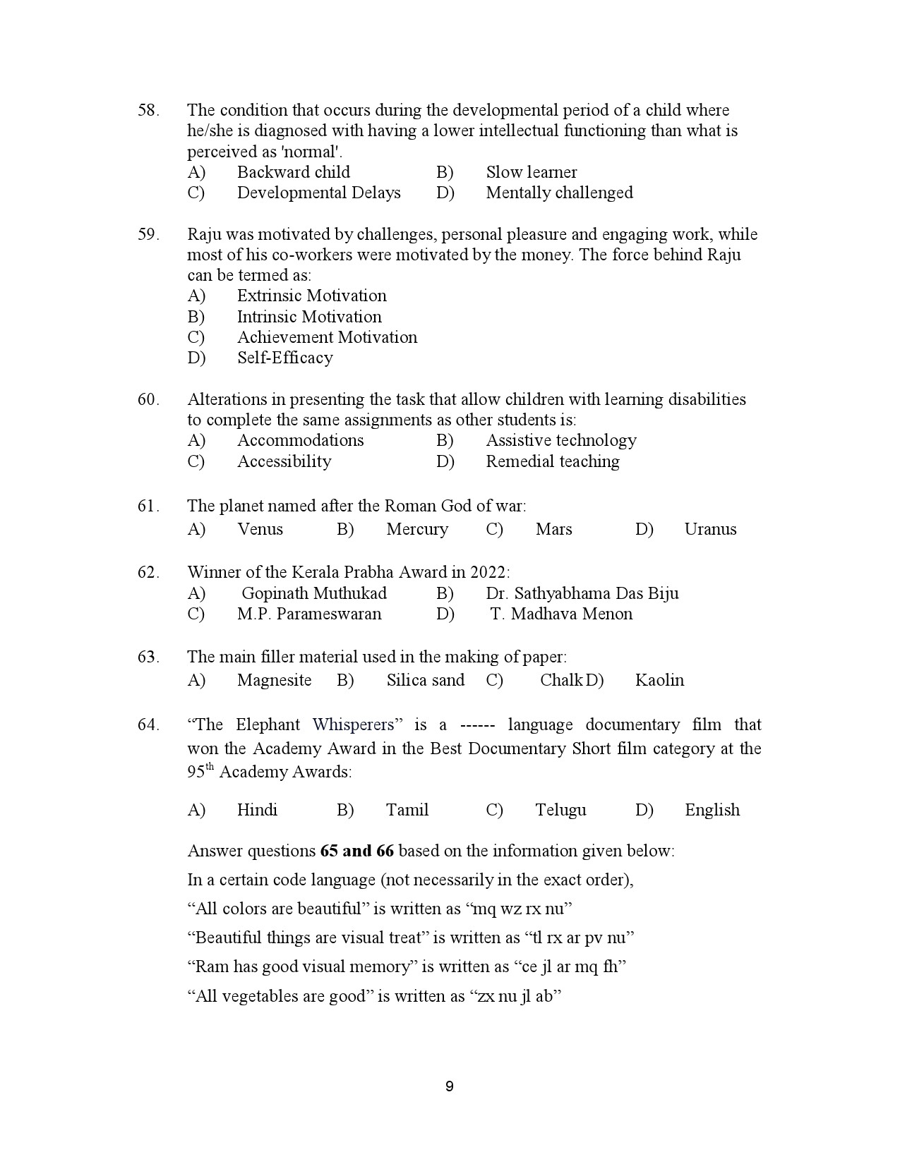 Kerala SET General Paper Exam Question Paper July 2023 9