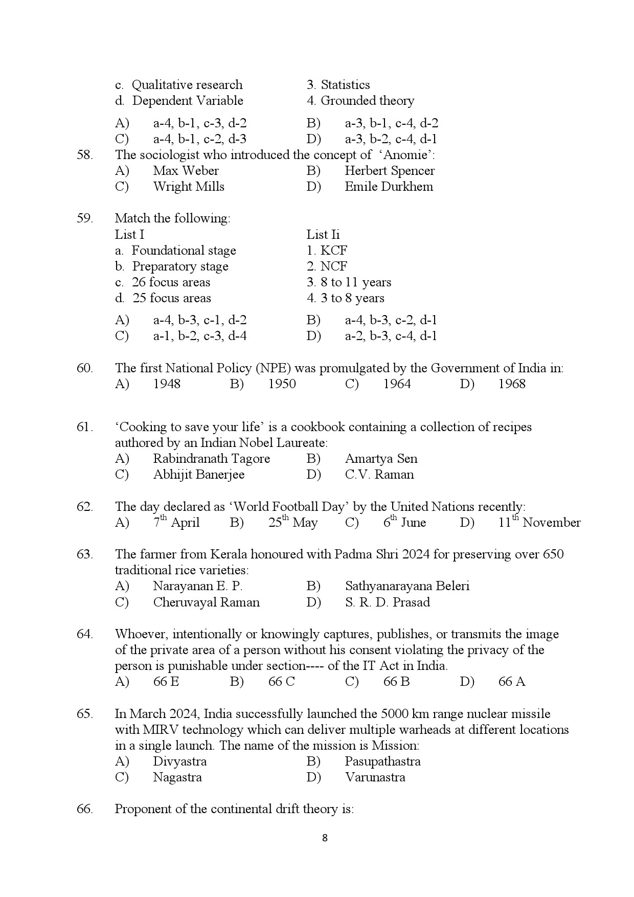 Kerala SET General Paper Exam Question Paper July 2024 8