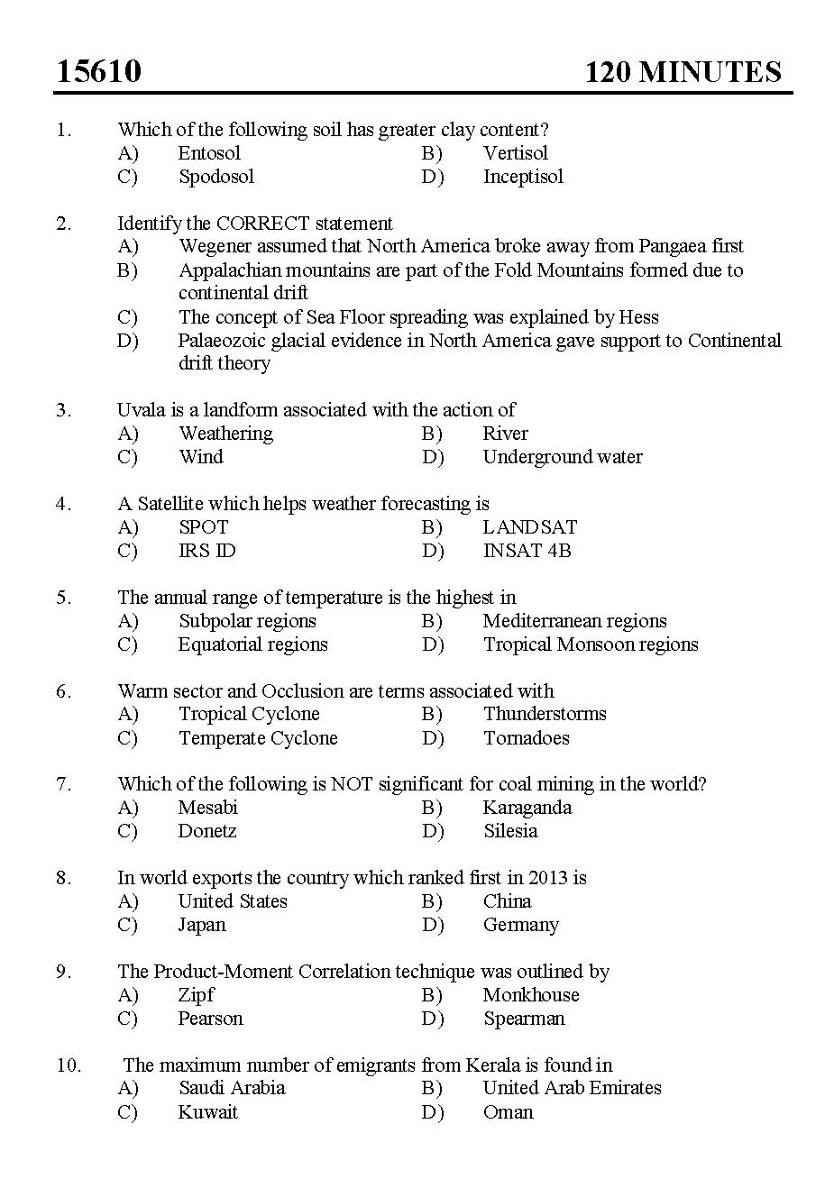 Kerala SET Geography Exam 2015 Question Code 15610 1