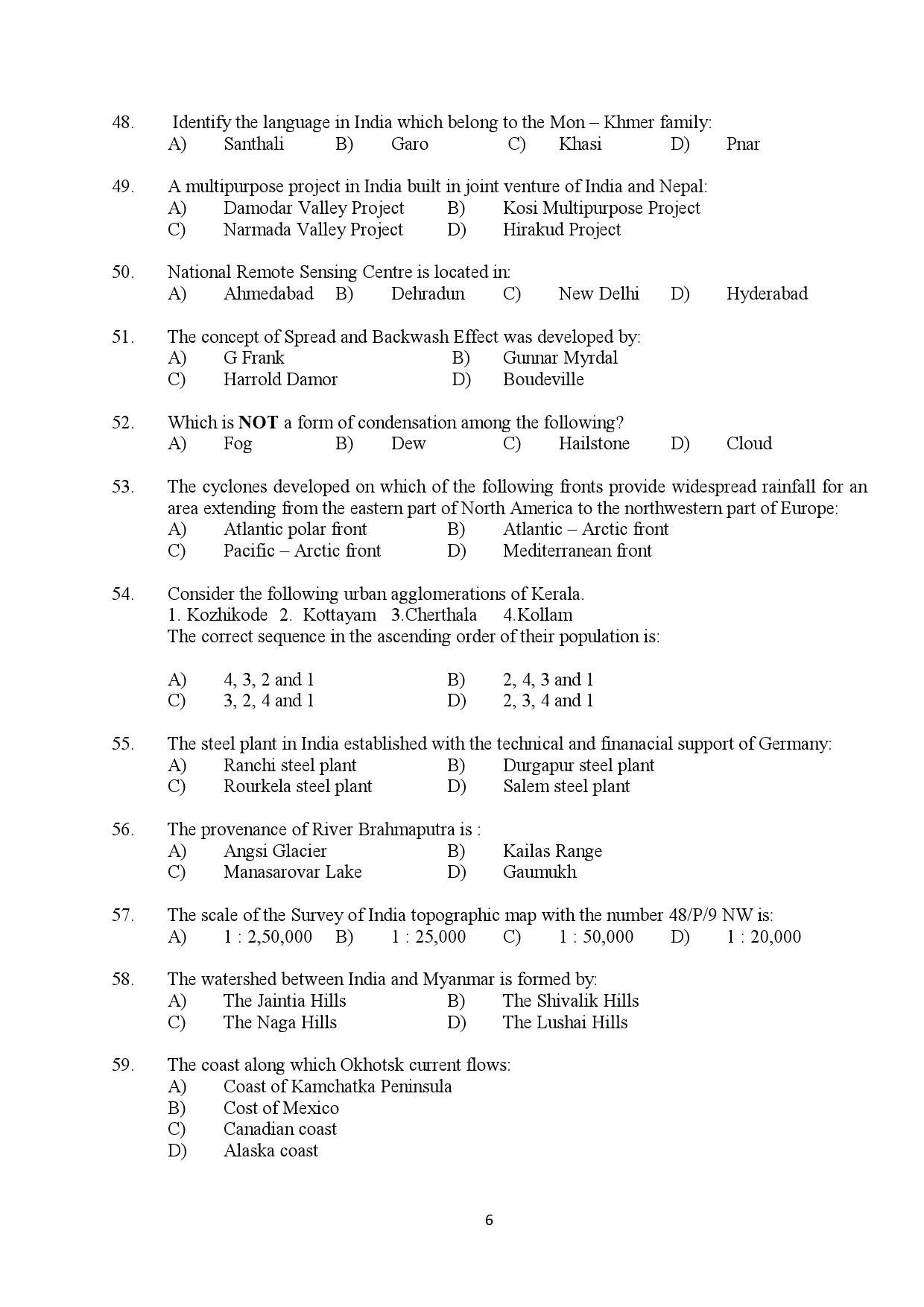 Kerala SET Geography Exam Question Paper February 2019 6