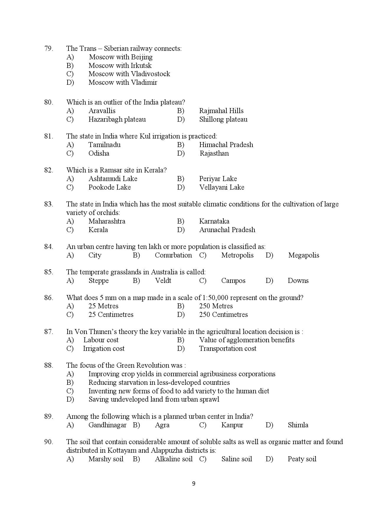 Kerala SET Geography Exam Question Paper February 2019 9