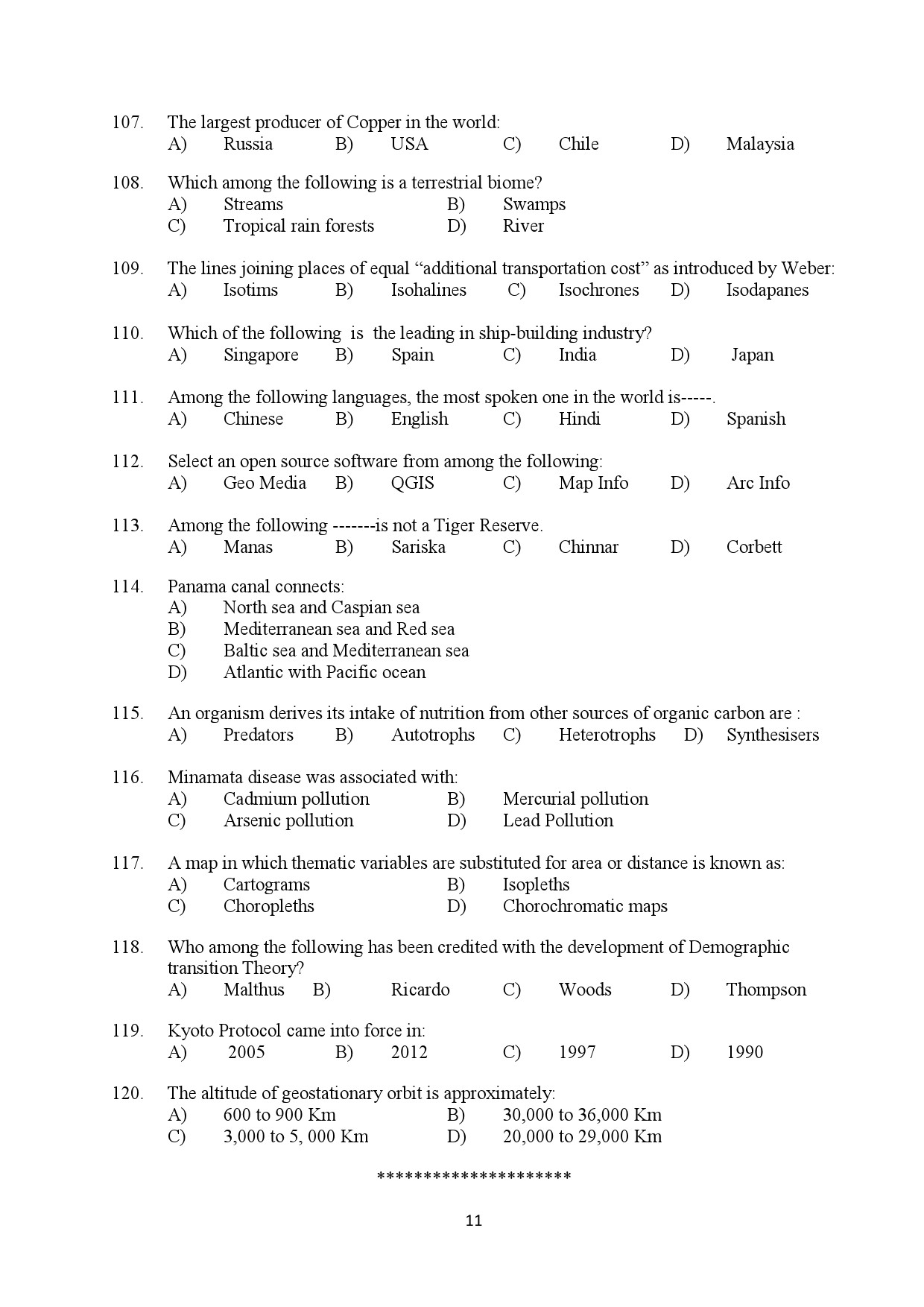 Kerala SET Geography Exam Question Paper February 2020 11