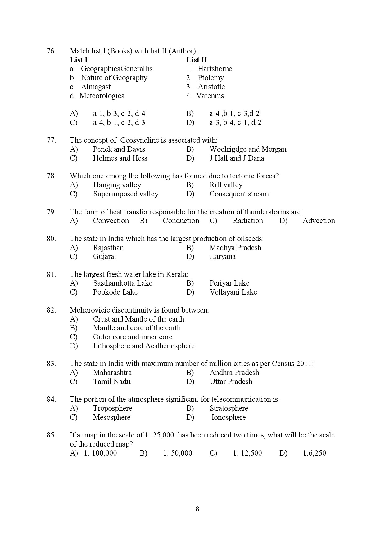 Kerala SET Geography Exam Question Paper February 2020 8