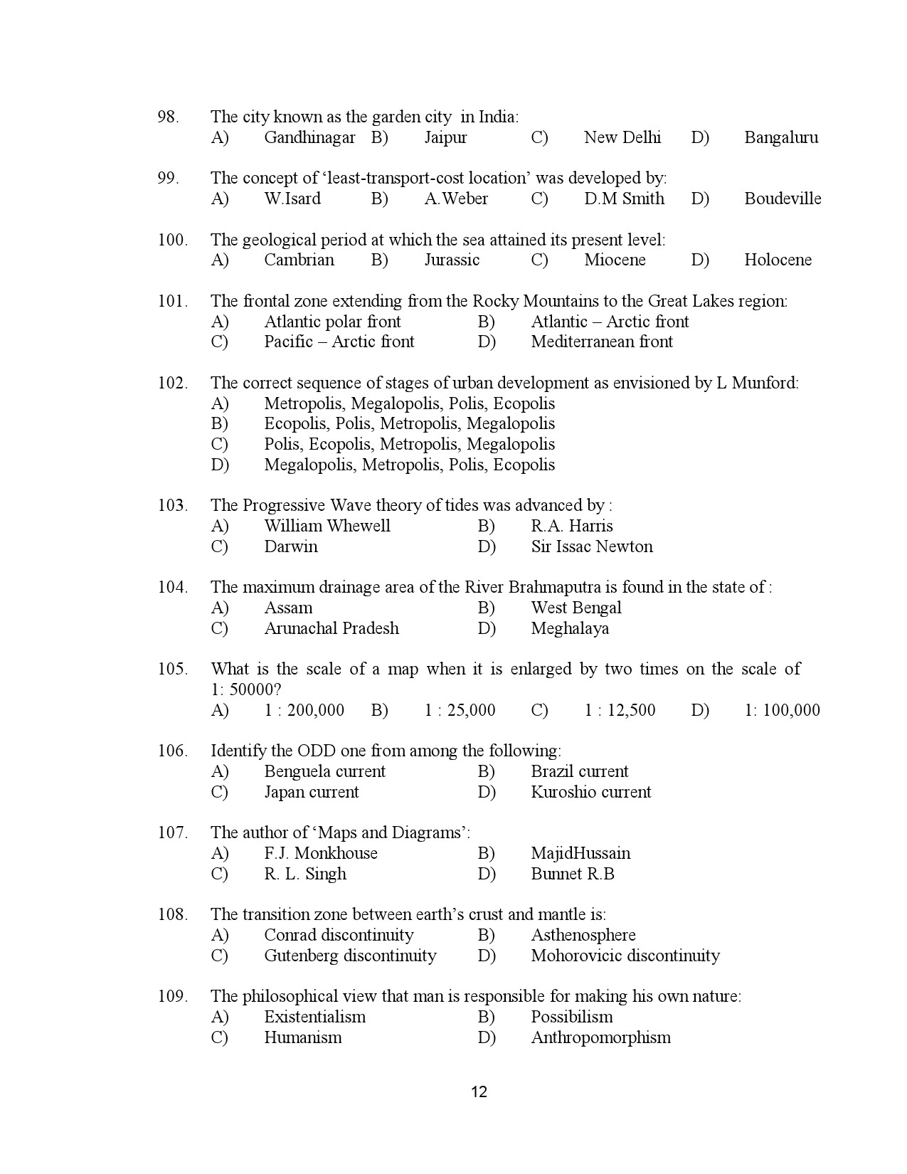 Kerala SET Geography Exam Question Paper January 2023 12