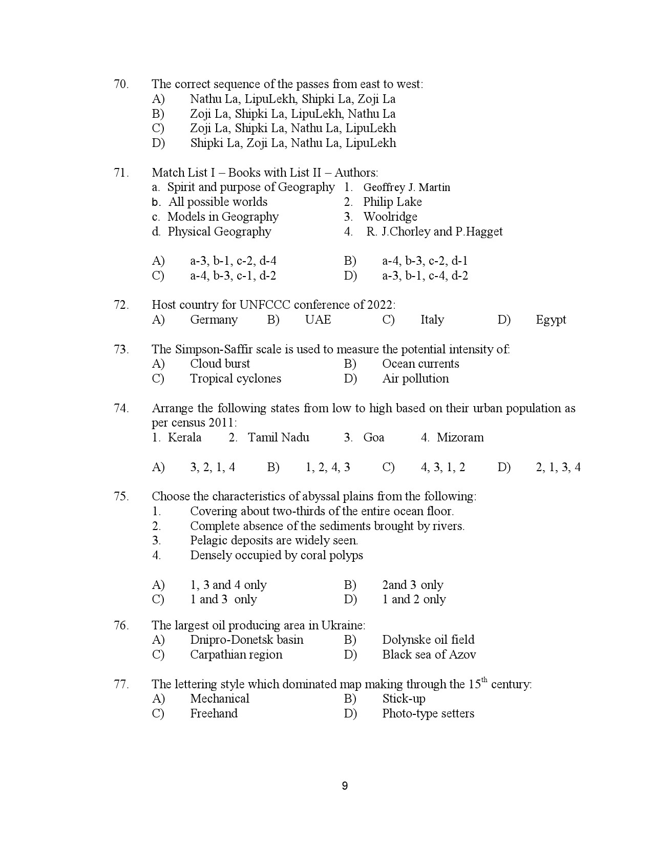 Kerala SET Geography Exam Question Paper January 2023 9