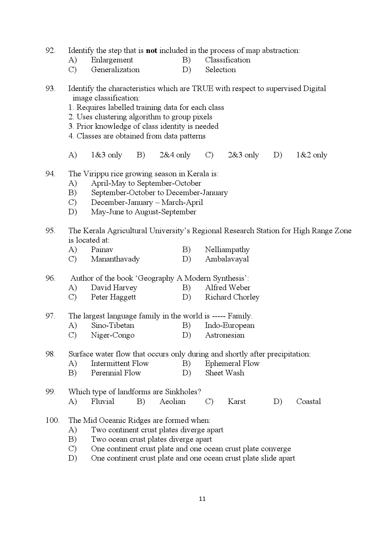 Kerala SET Geography Exam Question Paper January 2024 11