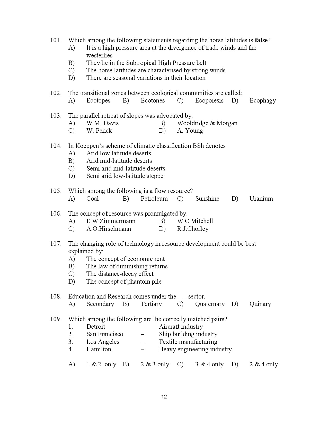 Kerala SET Geography Exam Question Paper July 2023 12