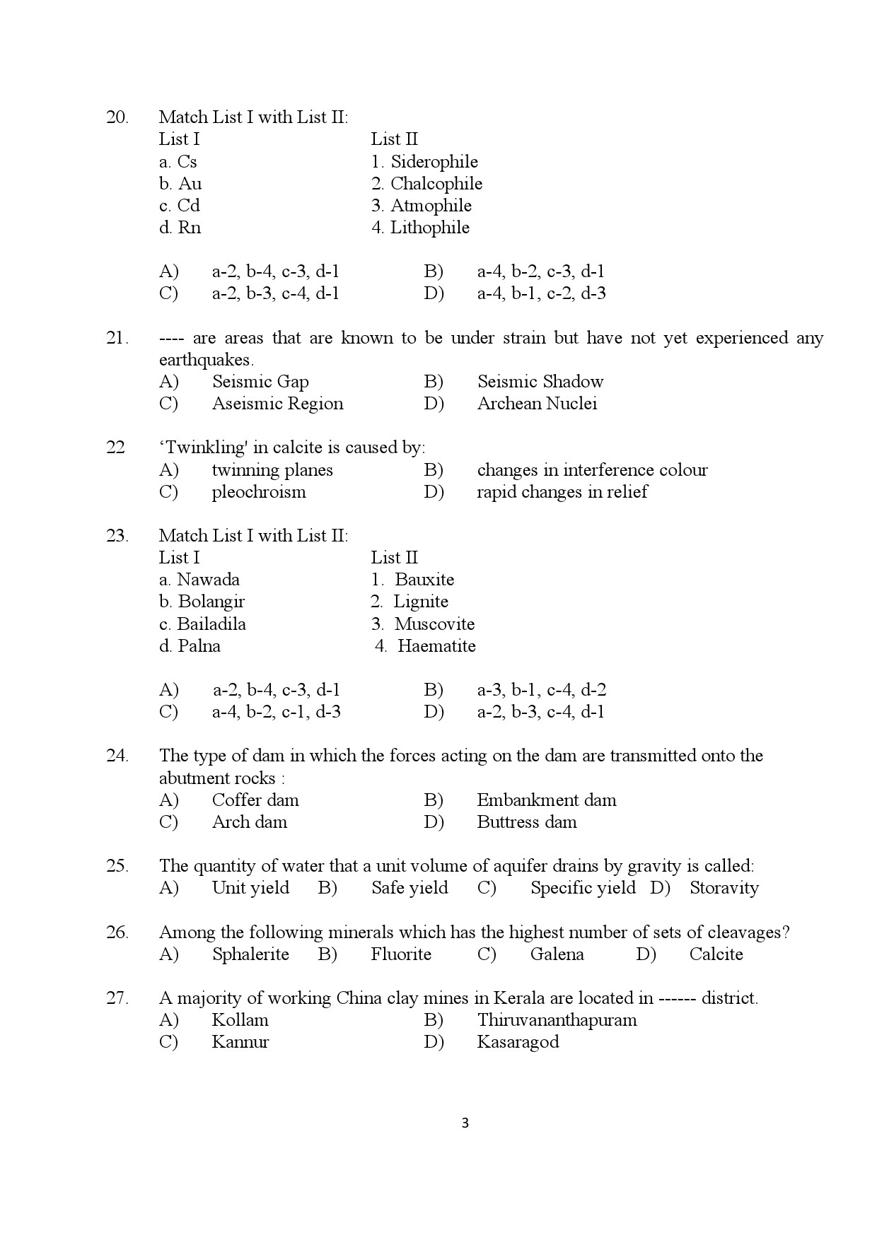 Kerala SET Geology Exam Question Paper July 2024 3