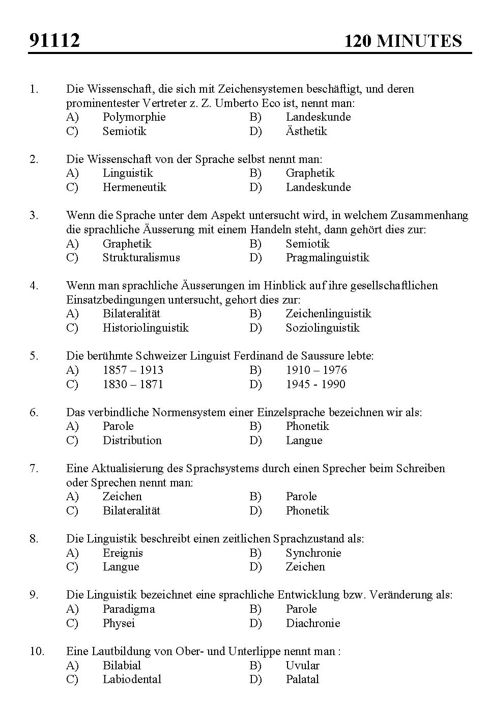 Kerala SET German Exam 2011 Question Code 91112 1