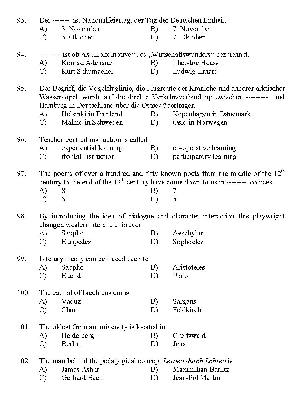 Kerala SET German Exam 2012 Question Code 12912 12