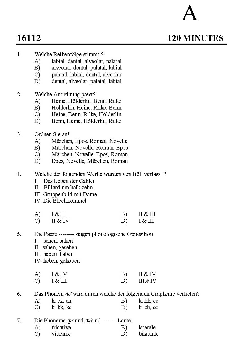 Kerala SET German Exam 2016 Question Code 16112 A 1