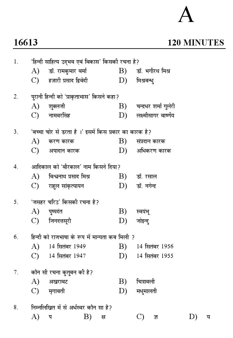 Kerala SET Hindi Exam 2016 Question Code 16613 A 1