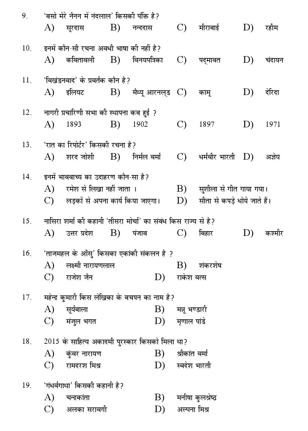 Kerala SET Hindi Exam 2016 Question Code 16613 A 2