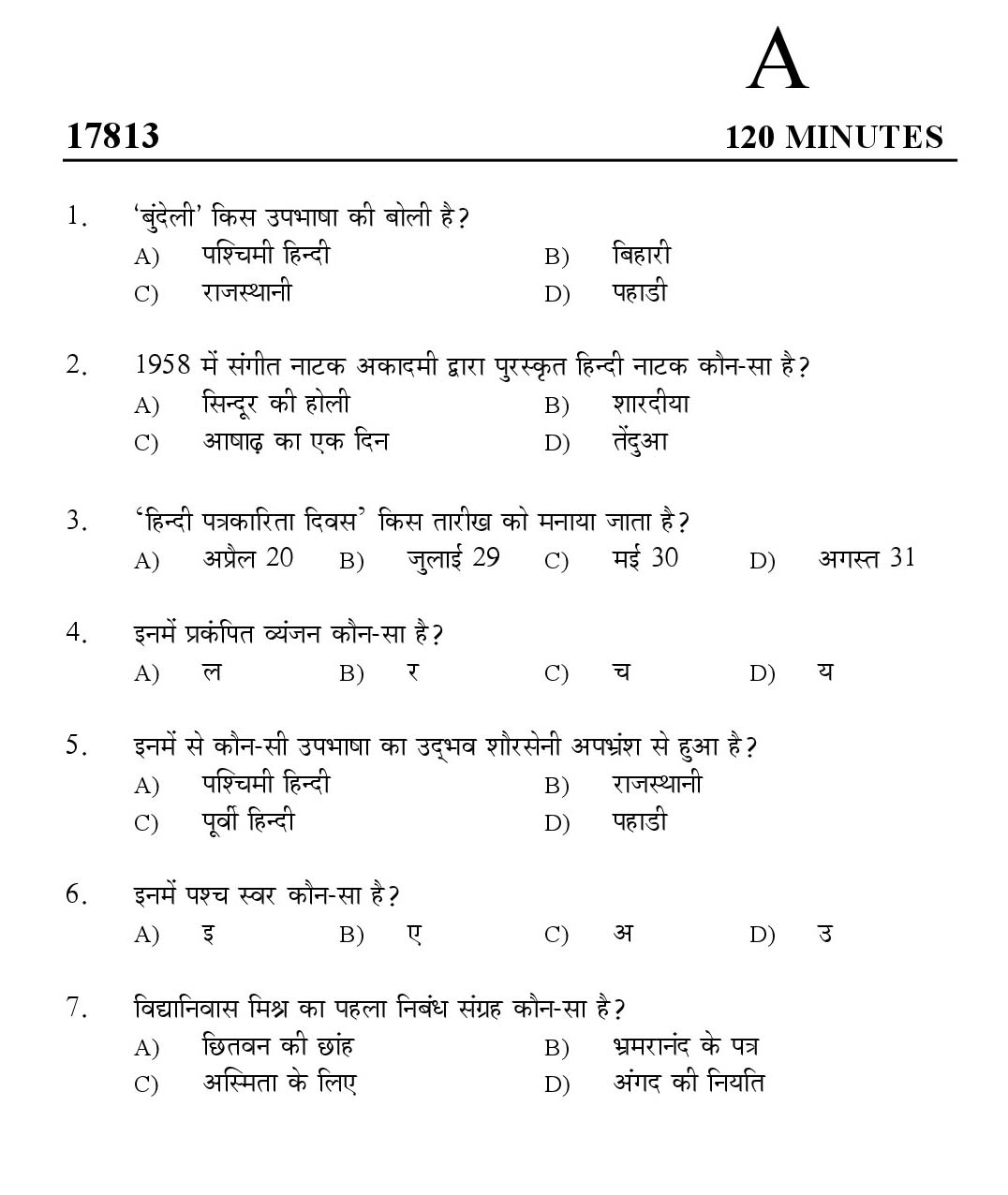 Kerala SET Hindi Exam 2017 Question Code 17813 A 1