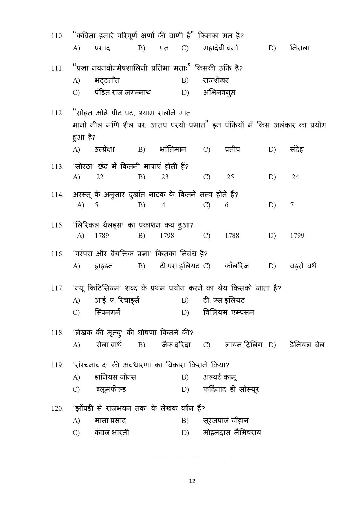 Kerala SET Hindi Exam Question Paper February 2019 12