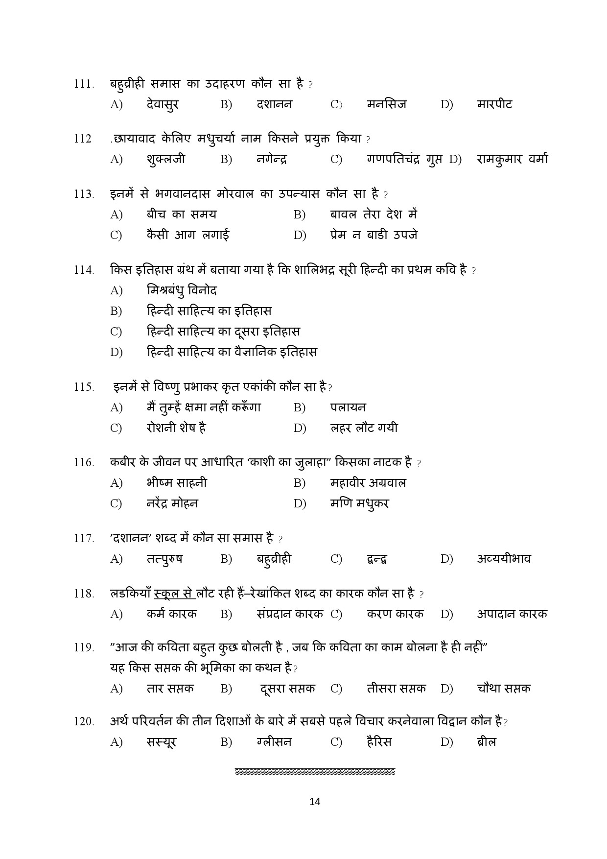 Kerala SET Hindi Exam Question Paper February 2020 14
