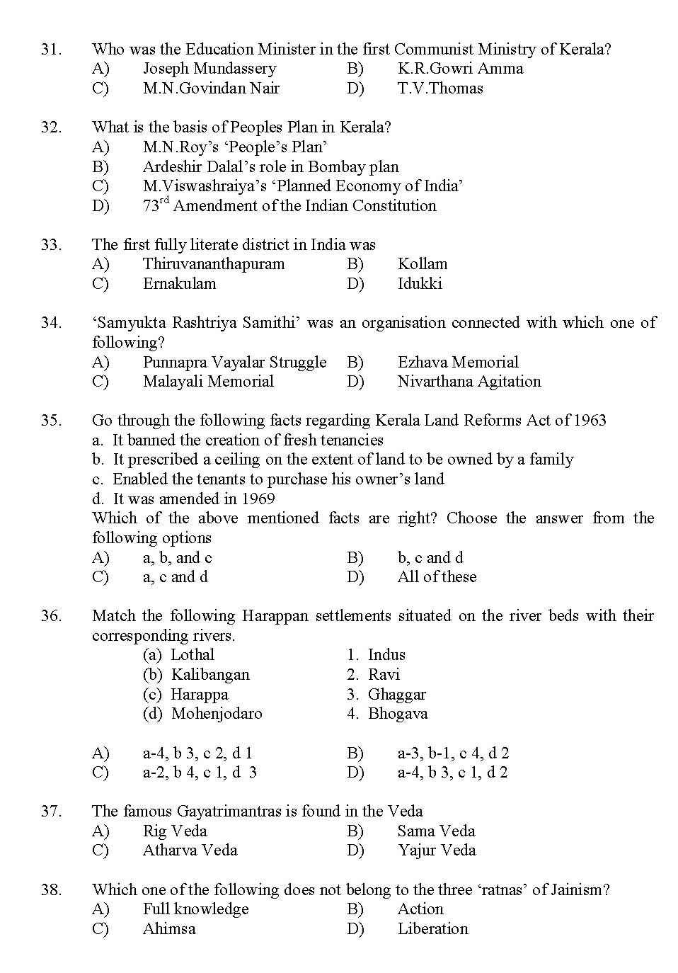 Kerala SET History Exam 2012 Question Code 12914 4