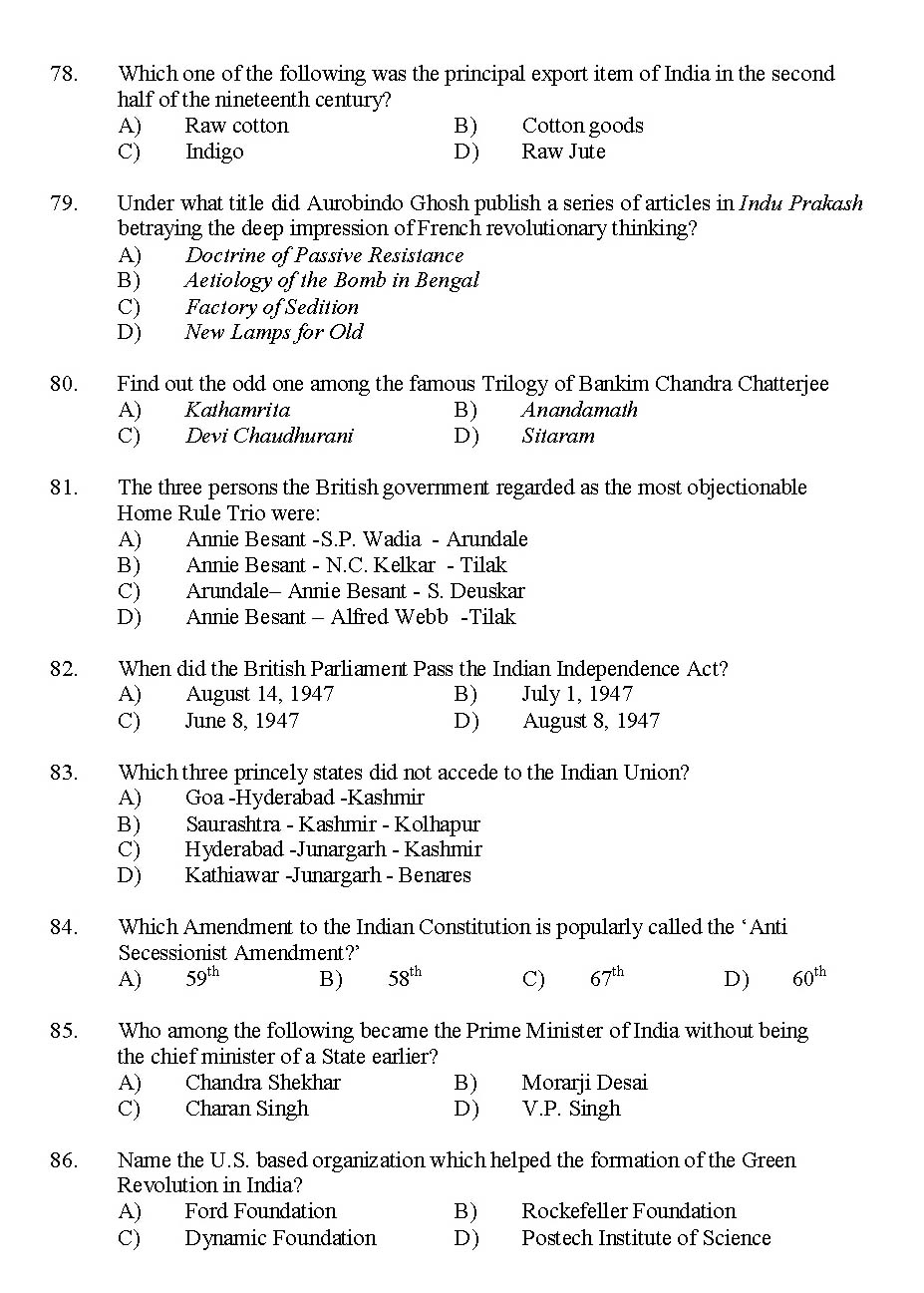 Kerala SET History Exam 2015 Question Code 15614 9