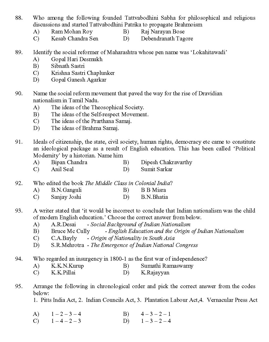 Kerala SET History Exam 2017 Question Code 17214 A 13