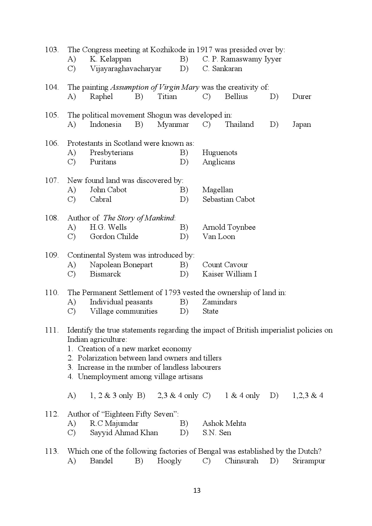 Kerala SET History Exam Question Paper January 2024 13