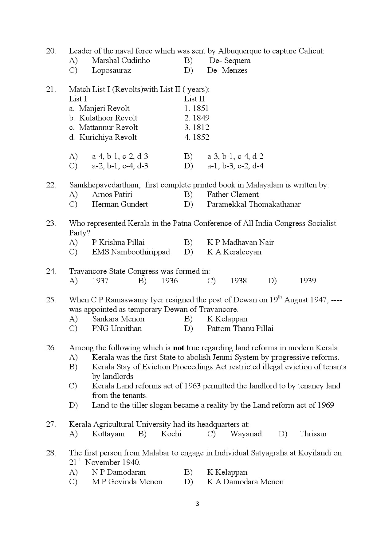 Kerala SET History Exam Question Paper July 2024 3