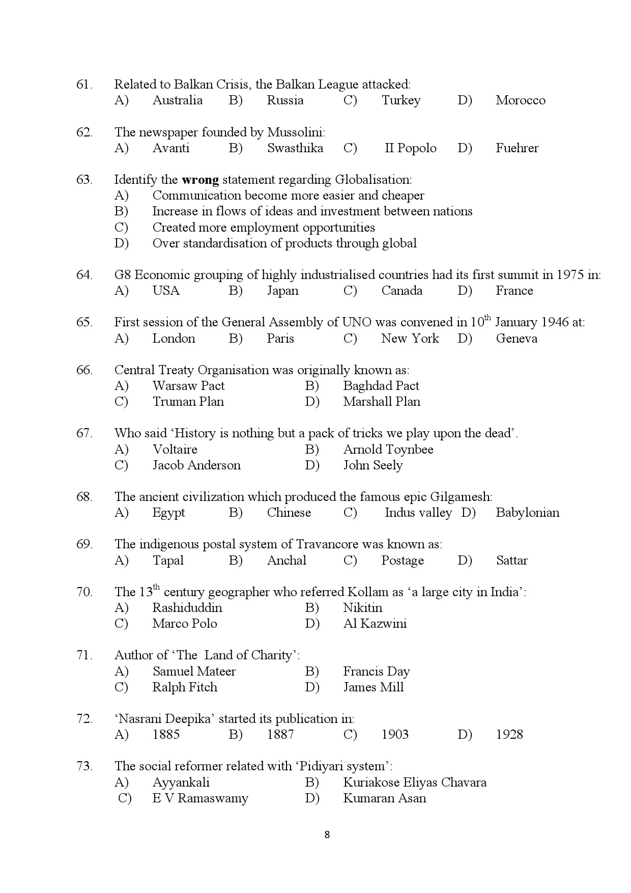 Kerala SET History Exam Question Paper July 2024 8