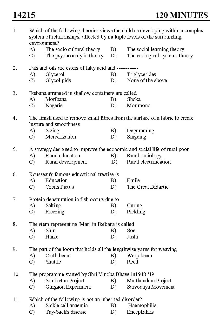 Kerala SET Home Science Exam 2014 Question Code 14215 1