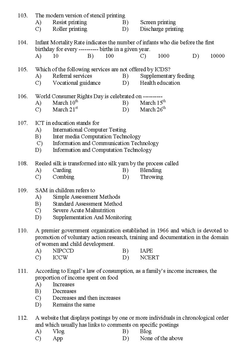 Kerala SET Home Science Exam 2015 Question Code 15615 10