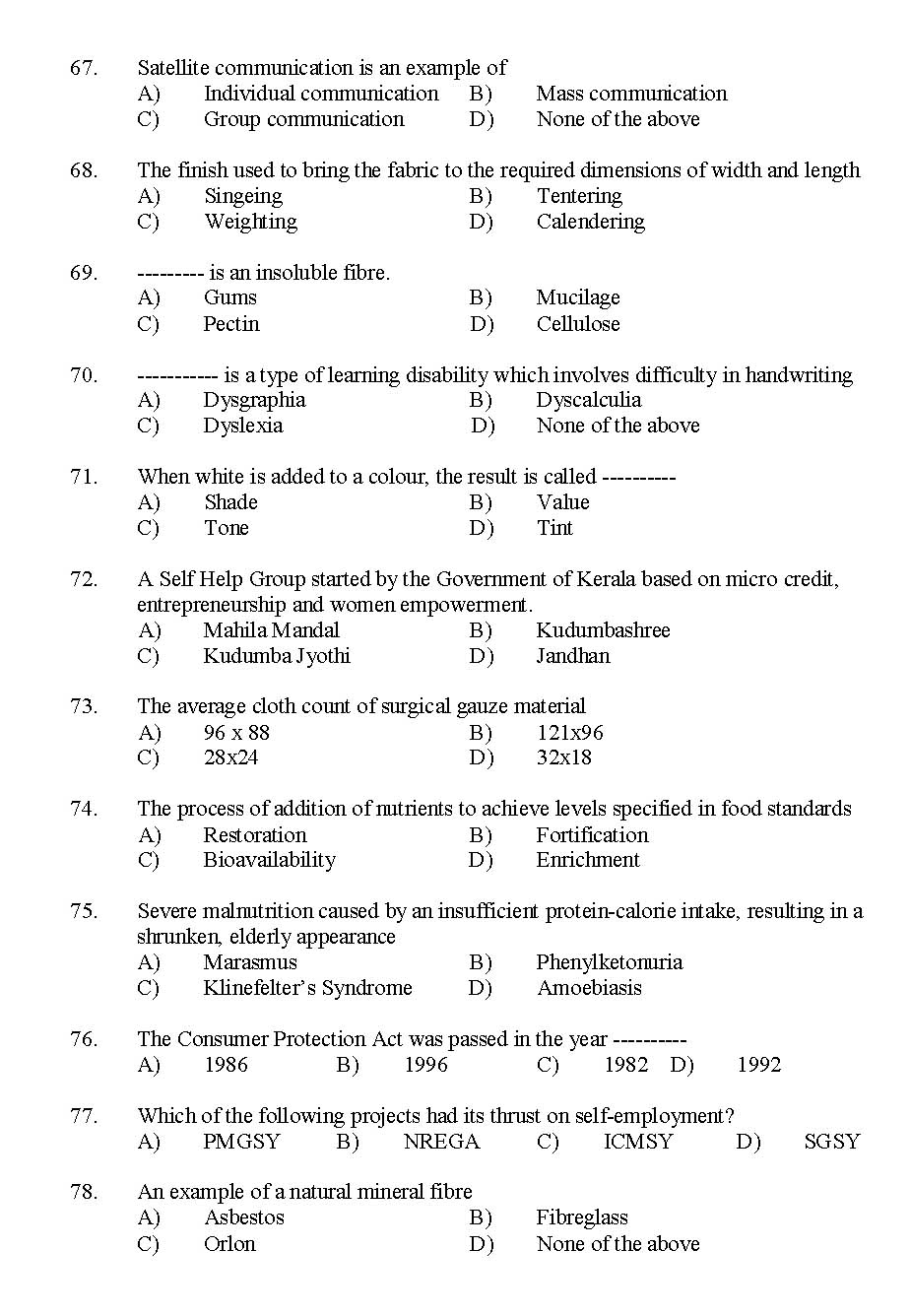 Kerala SET Home Science Exam 2015 Question Code 15615 7