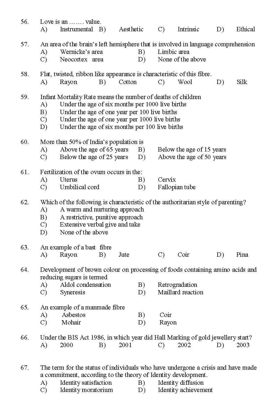 Kerala SET Home Science Exam 2016 Question Code 16115 A 6
