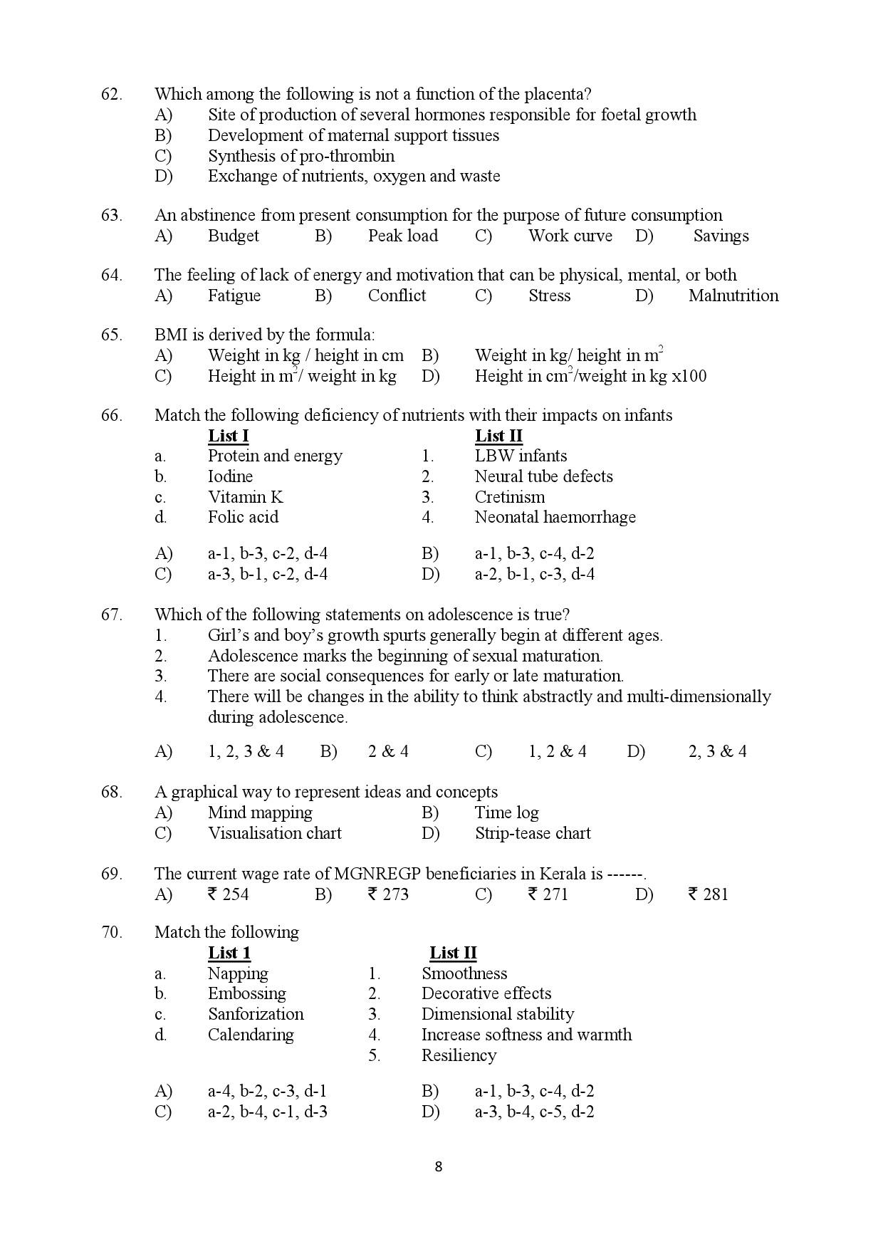 Kerala SET Home Science Exam Question Paper February 2019 8