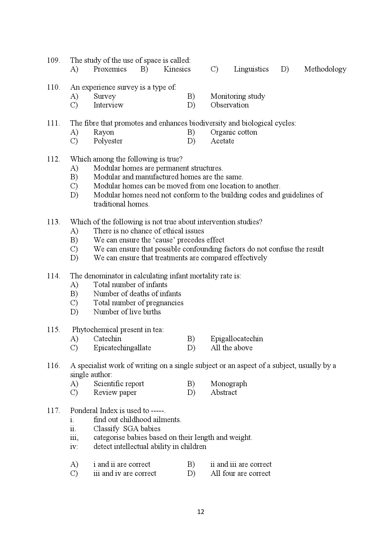 Kerala SET Home Science Exam Question Paper February 2020 12