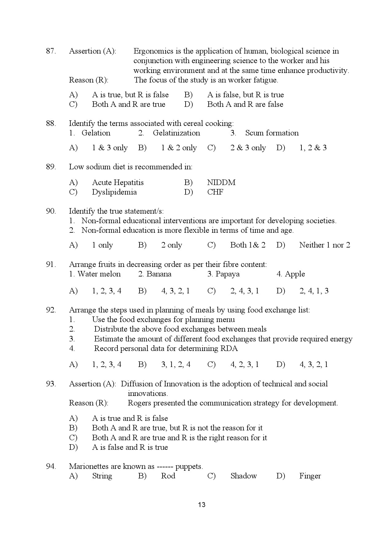 Kerala SET Home Science Exam Question Paper January 2024 13