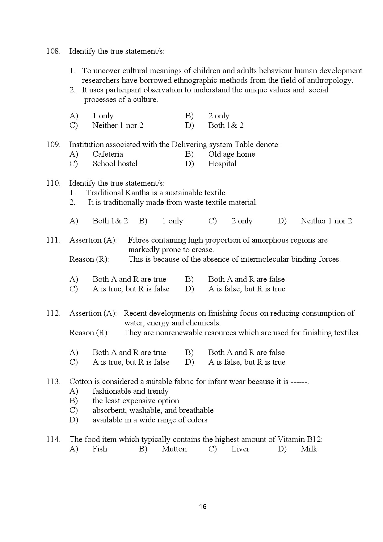 Kerala SET Home Science Exam Question Paper January 2024 16