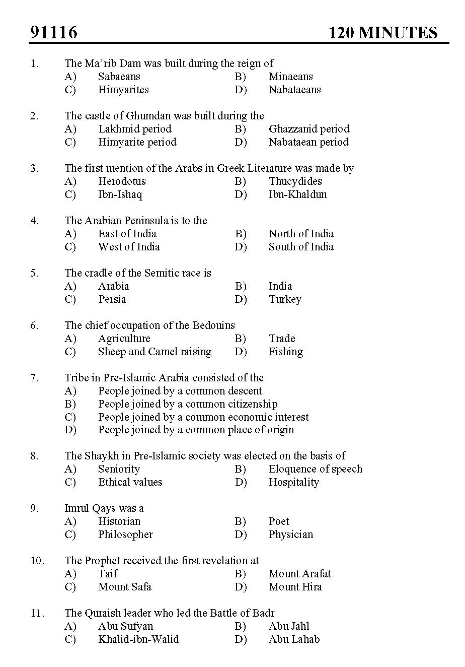 Kerala SET Islamic History Exam 2011 Question Code 91116 1