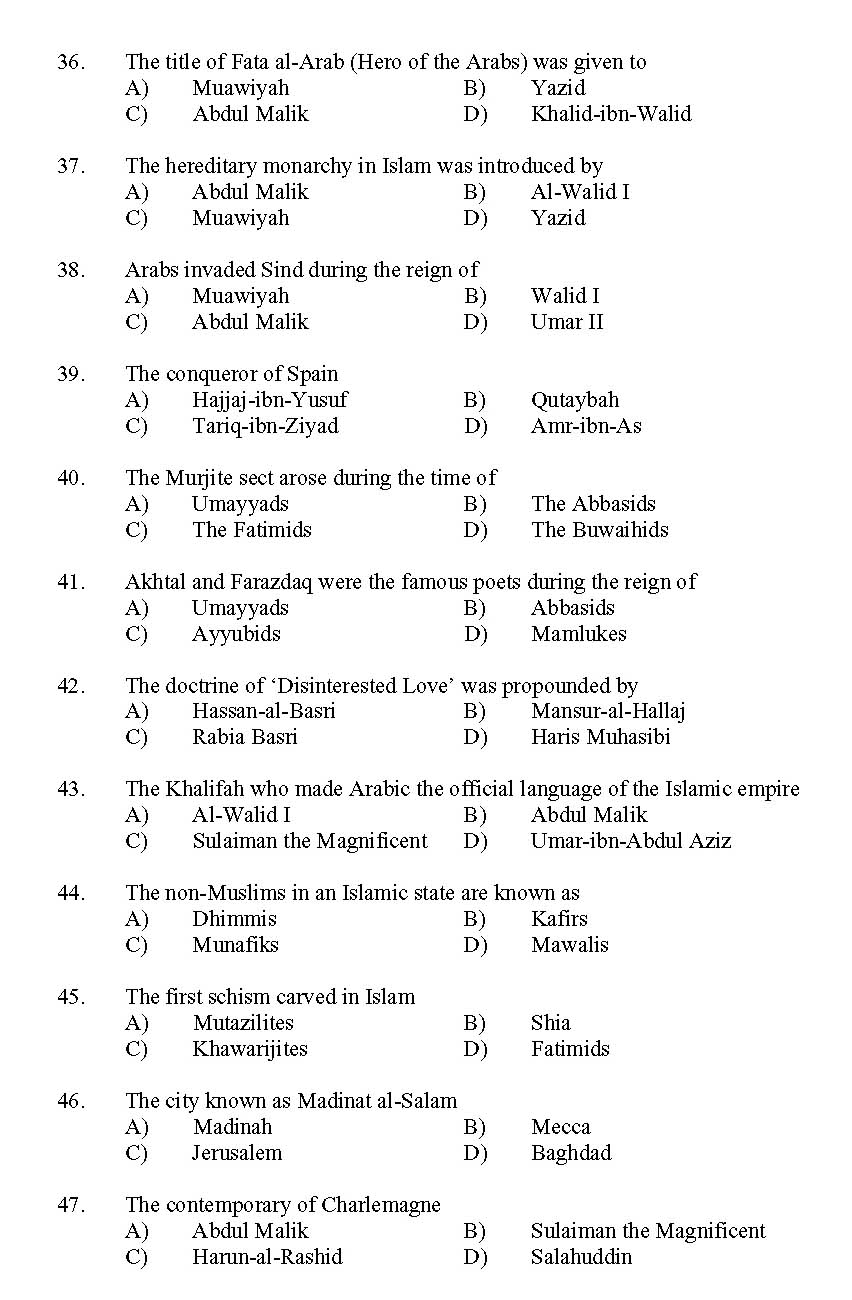 Kerala SET Islamic History Exam 2011 Question Code 91116 4