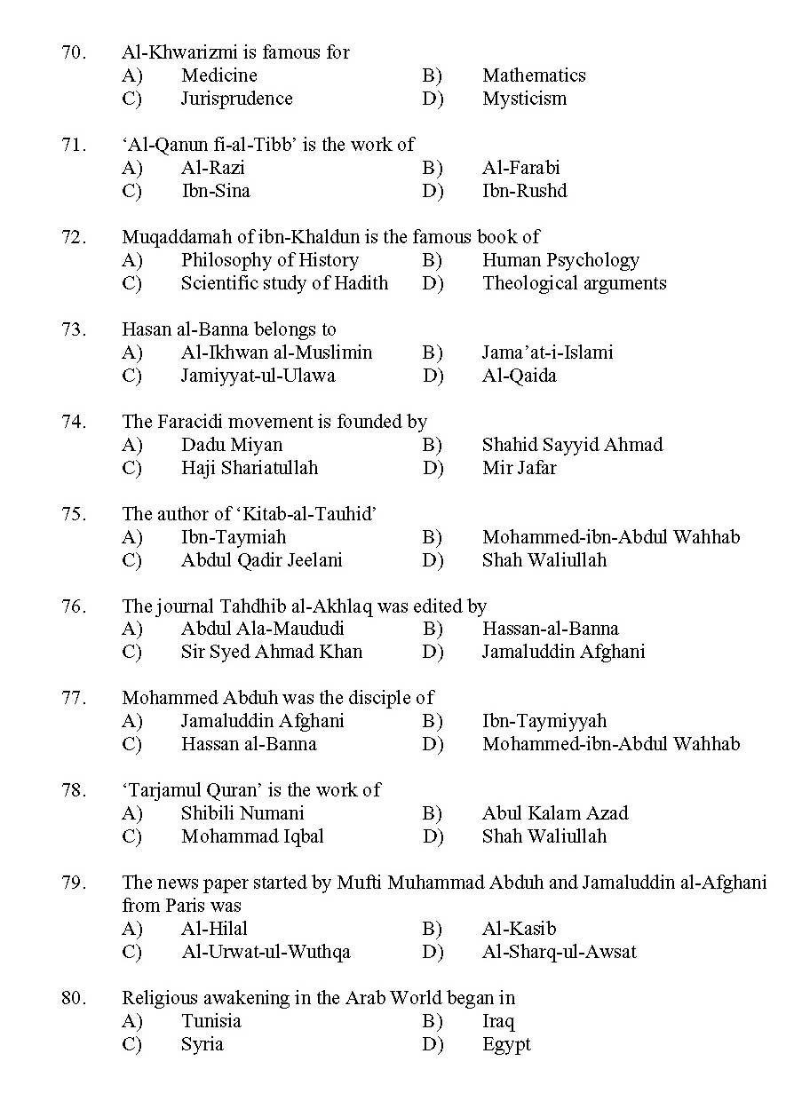 Kerala SET Islamic History Exam 2011 Question Code 91116 7