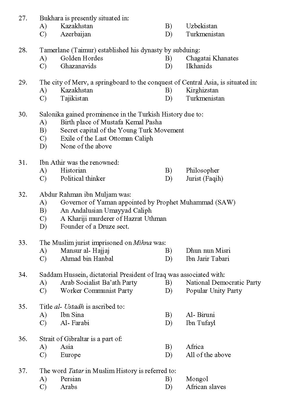 Kerala SET Islamic History Exam 2017 Question Code 17216 A 4