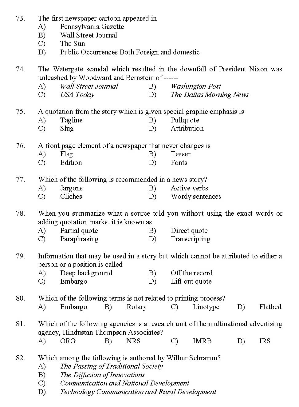 Kerala SET Journalism Exam 2012 Question Code 12917 8