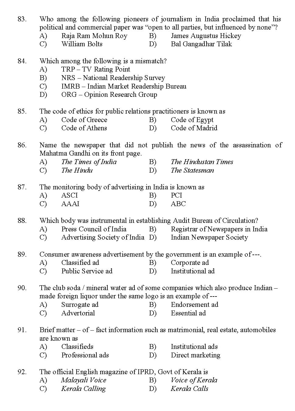 Kerala SET Journalism Exam 2012 Question Code 12917 9