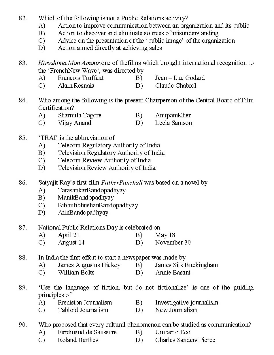 Kerala SET Journalism Exam 2014 Question Code 14217 10