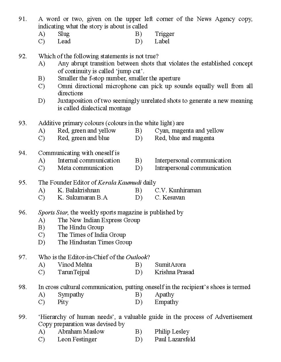 Kerala SET Journalism Exam 2014 Question Code 14217 11