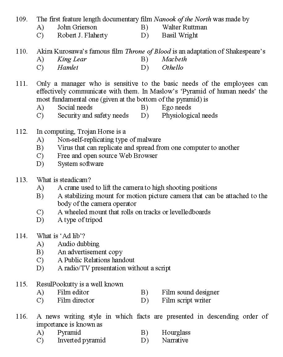 Kerala SET Journalism Exam 2014 Question Code 14217 13