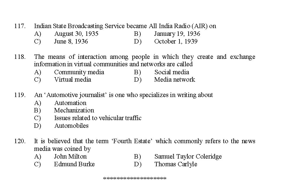 Kerala SET Journalism Exam 2014 Question Code 14217 14