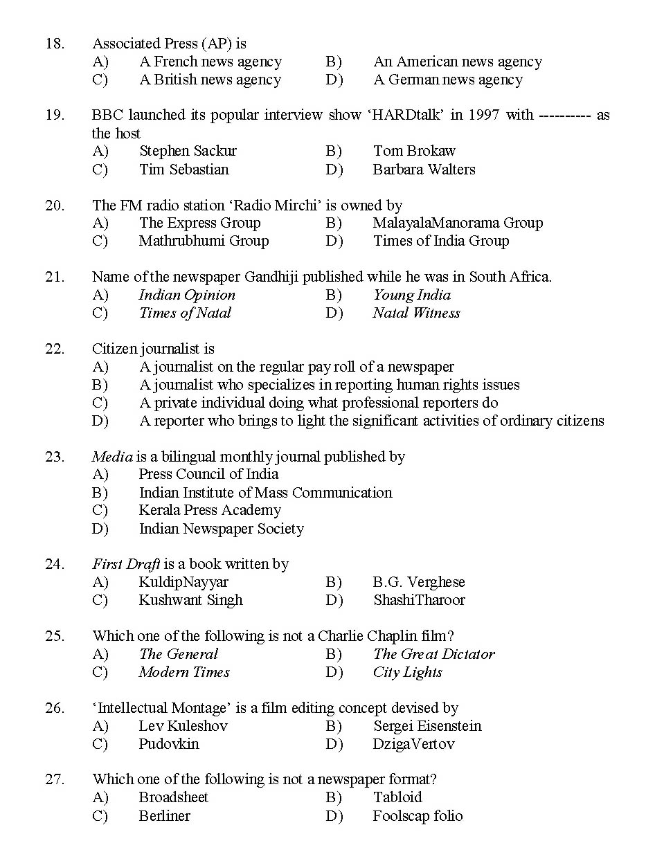 Kerala SET Journalism Exam 2014 Question Code 14217 3