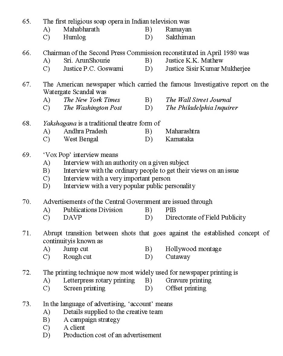 Kerala SET Journalism Exam 2014 Question Code 14217 8