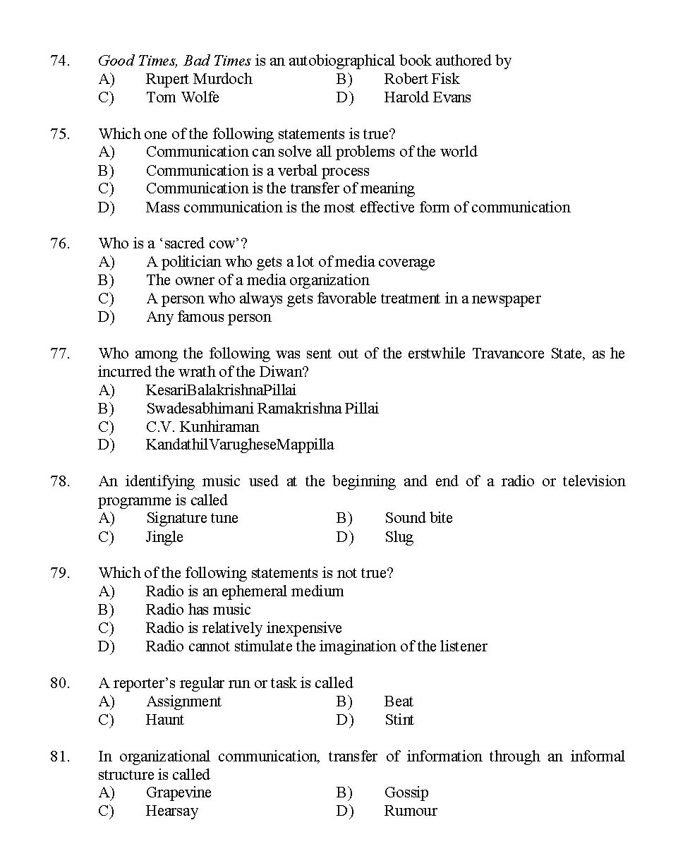 Kerala SET Journalism Exam 2014 Question Code 14217 9