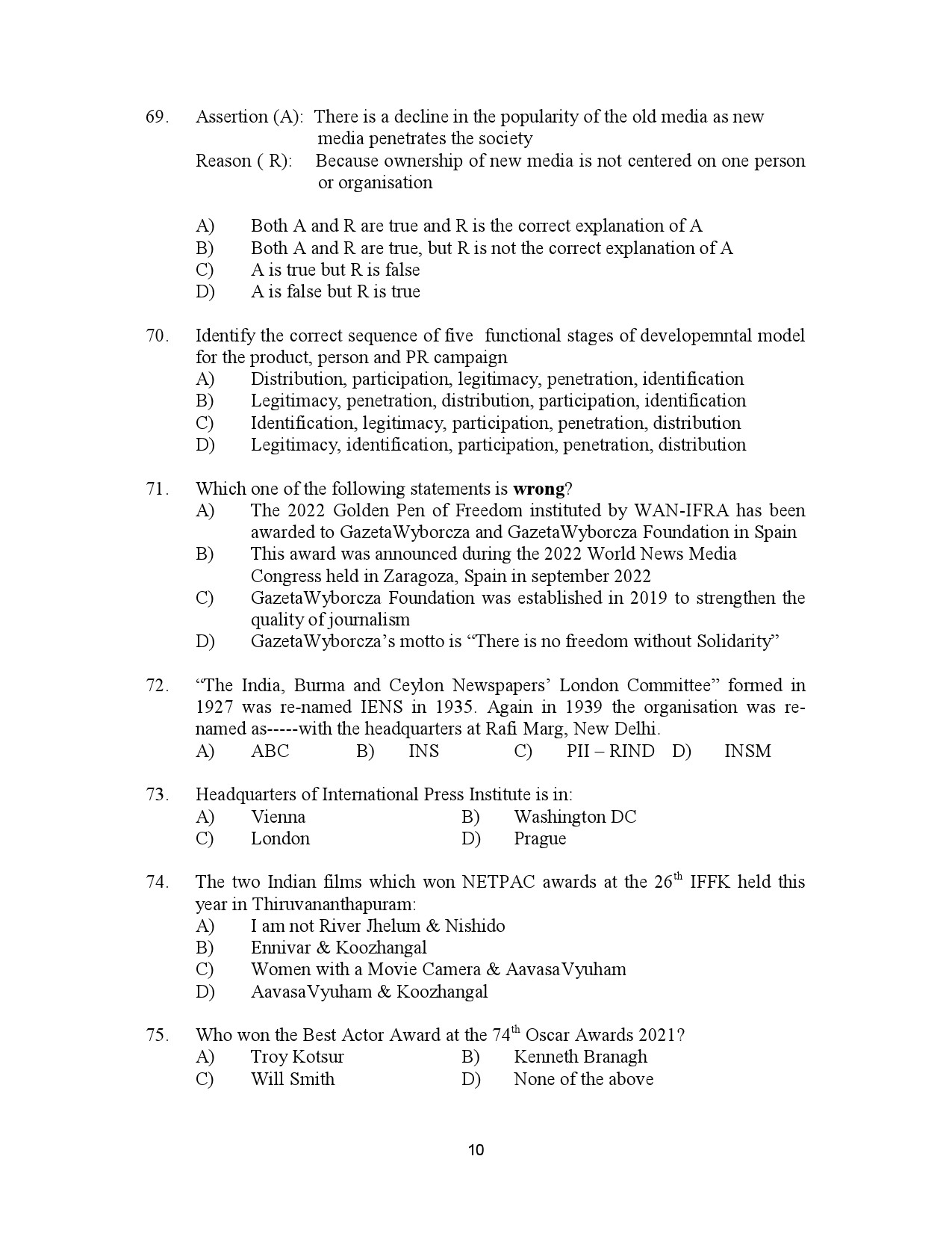 Kerala SET Journalism Exam Question Paper January 2023 10